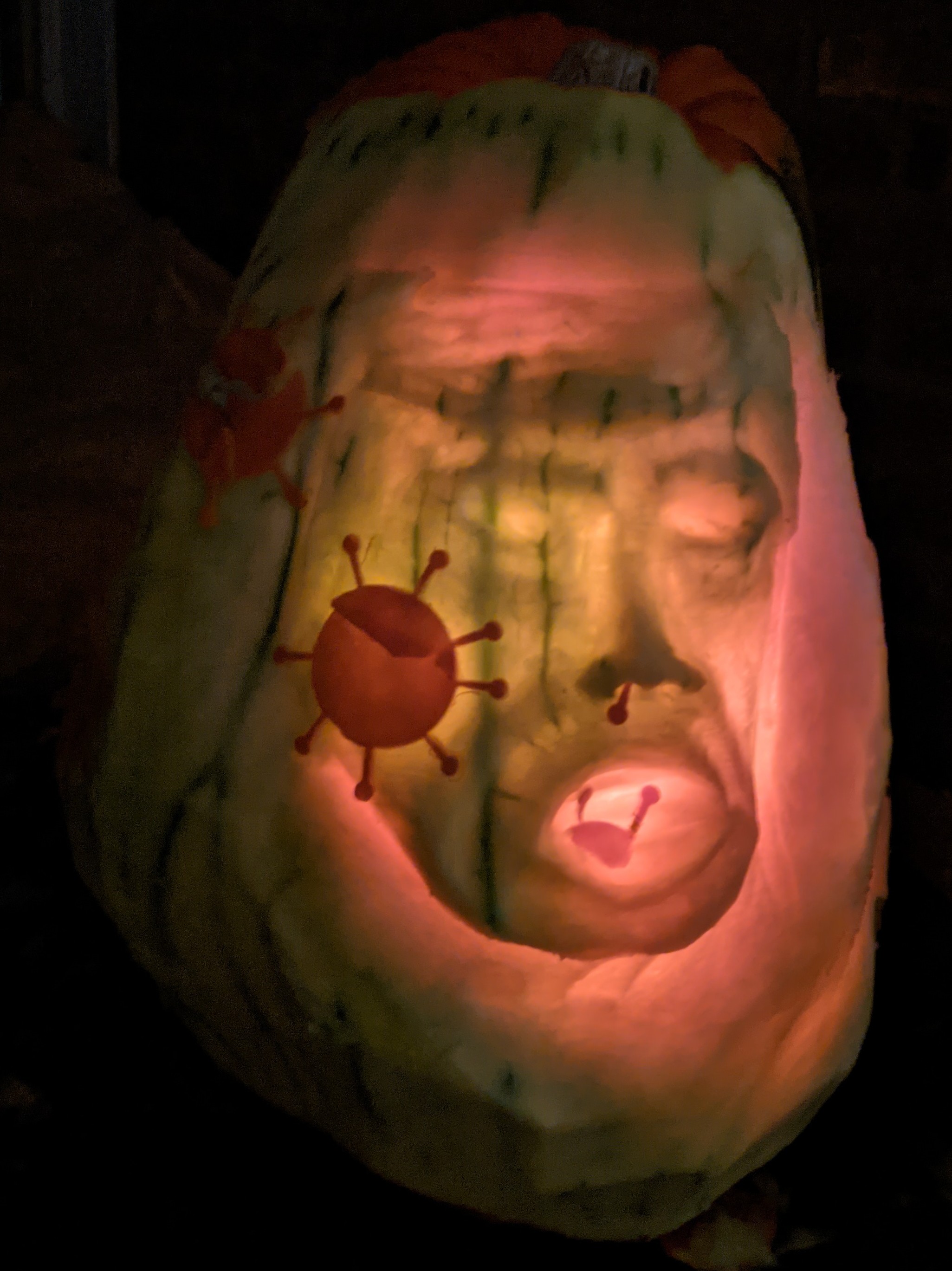 Pumpkin carved 2020 as a superspreader piece, a meditation on the pandemic, the invisible spread of breath, and the planetary-scale ingenuity that responded to it.